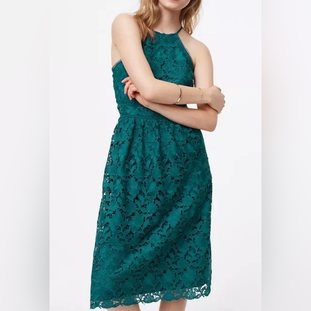 ANN TAYLOR LOFT GREEN LACE MIDI HALTER PARTY COCKTAIL DRESS